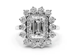 Emerald Cut Diamond Floral Double Halo Ring Set in Silver with Round Petals