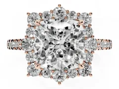 Cushion Cut Diamond Halo Ring Set in Rose gold with Pavé Band and Prong Setting