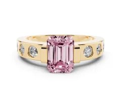 Fancy Pink Emerald Cut Diamond Channel-Set Band Ring Set in Yellow gold with Bezel Prong Setting
