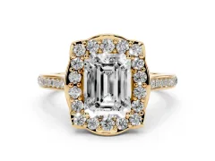 Emerald Cut Diamond Halo Ring Set in Yellow gold with Pavé-Lined Shoulders and Prong Setting