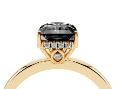 Fancy Black Radiant Cut Diamond Solitaire Ring Set in Yellow gold with Plain Band and Prong Setting
