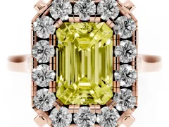 Fancy Yellow Emerald Cut Diamond Cluster Halo Solitaire Ring Set in Rose gold with Prong Setting