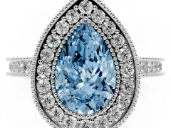 Fancy Blue Pear Cut Diamond Halo Milgrain Pavé Band Ring Set in Silver with Prong Setting
