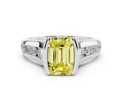 Fancy Yellow Emerald Cut Diamond Bezel-Set Solitaire Ring Set in Platinum with Channel-Set Band