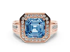 Fancy Blue Asscher Cut Diamond Halo Ring Set in Rose gold with Pavé and Bezel Accent Split Shank
