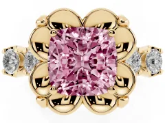 Fancy Pink Cushion Cut Diamond Floral Halo Ring Set in Yellow gold with Shared Prong Band