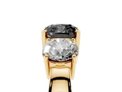 Fancy Black Cushion Cut Diamond Three-Stone Ring Set in Yellow gold with Round Side Stones and Classic Band