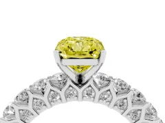 Fancy Yellow Radiant Cut Diamond Solitaire Ring Set in Platinum with Shared Prong Pavé Band