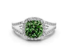 Fancy Green Cushion Cut Diamond Halo Split Shank Pavé Ring Set in White gold with Prong Setting
