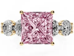 Fancy Pink Princess Cut Diamond Five-Stone Prong Set Ring Set in Yellow gold with Classic Band