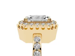 Emerald Cut Diamond Halo Ring Set in Yellow gold with Pavé Shank and Prong Setting