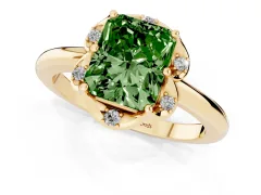 Fancy Green Radiant Cut Diamond Round Cluster Halo Ring Set in Yellow gold with Solitaire Band and Prong Setting