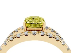 Fancy Yellow Emerald Cut Diamond Split Shank Pavé Solitaire Ring Set in Yellow gold with Open Shank Design