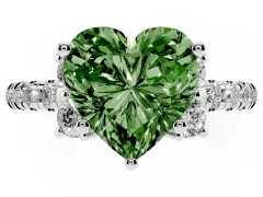 Fancy Green Heart Cut Diamond Three-Stone Pavé Ring Set in White gold with Prong Setting