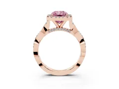 Fancy Pink Radiant Cut Diamond Halo Twist Band Solitaire Ring Set in Rose gold with Prong Setting