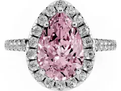 Fancy Pink Pear Cut Diamond Pavé Halo Engagement Ring Set in Platinum with Pavé Band and Prong Setting