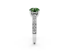 Fancy Green Round Cut Diamond Solitaire Ring Set in Silver with Milgrain-Edged Pavé Band and Prong Setting