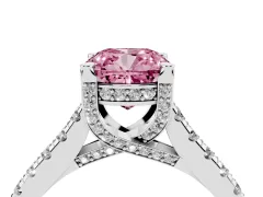 Fancy Pink Cushion Cut Diamond Solitaire Ring Set in Platinum with Brilliant Pavé Band and Prong Setting