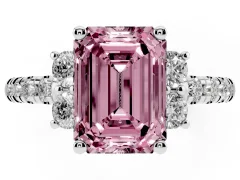 Fancy Pink Emerald Cut Diamond Three-Stone Pavé Ring Set in White gold with Prong Setting
