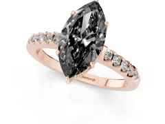 Fancy Black Marquise Cut Diamond Solitaire Engagement Ring Set in Rose gold with Pavé Band and Prong Setting
