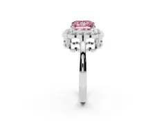 Fancy Pink Princess Cut Diamond Halo Cluster Engagement Ring Set in White gold with Solitaire Band and Prong Setting