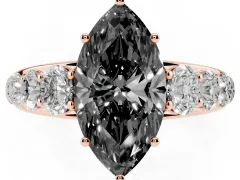 Fancy Black Marquise Cut Diamond Solitaire Ring Set in Rose gold with Pavé-Set Band and Prong Setting