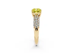 Fancy Yellow Cushion Cut Diamond Pavé Band Solitaire Ring Set in Yellow gold with Close-Set Accent Stones and Prong Setting