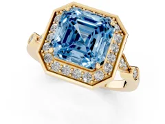 Fancy Blue Asscher Cut Diamond Halo Engagement Ring Set in Yellow gold with Twisted Band and Prong Setting