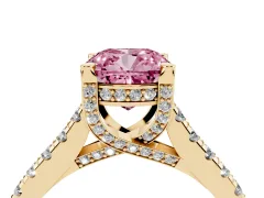 Fancy Pink Cushion Cut Diamond Solitaire Ring Set in Yellow gold with Brilliant Pavé Band and Prong Setting