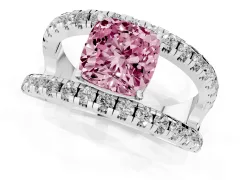 Fancy Pink Cushion Cut Diamond Split Shank Pavé Solitaire Ring Set in White gold with Open Shank Design