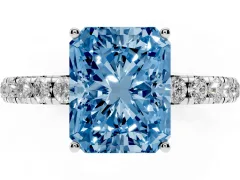 Fancy Blue Radiant Cut Diamond Pavé Solitaire Engagement Ring Set in Silver with Prong Setting