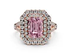 Fancy Pink Emerald Cut Diamond Double Halo Ring Set in Rose gold with Pavé Split Shank and Prong Setting