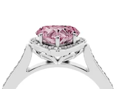 Fancy Pink Heart Cut Diamond Halo Ring Set in Platinum with Pavé-Lined Shoulders and Prong Setting