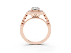 Emerald Cut Diamond Milgrain Halo Solitaire Ring Set in Rose gold with Bezel Set Side Stones and Pavé Band