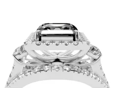 Fancy Black Asscher Cut Diamond Halo Split Shank Ring Set in Platinum with Round Accent Stones and Prong Setting