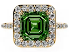Fancy Green Asscher Cut Diamond Halo Engagement Ring Set in Yellow gold with Round Pavé Shoulders and Heart Gallery