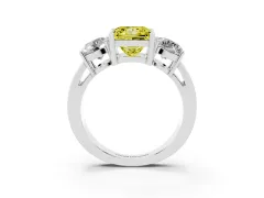 Fancy Yellow Princess Cut Diamond Three-Stone Ring Set in White gold with Round Side Stones and Classic Band