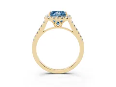 Fancy Blue Princess Cut Diamond Pavé Halo Engagement Ring Set in Yellow gold with Pavé Band and Prong Setting