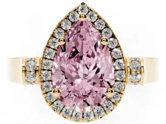 Fancy Pink Pear Cut Diamond Halo Ring Set in Yellow gold with Pavé-Lined Split Shank Band