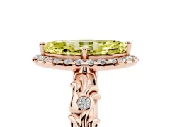 Fancy Yellow Marquise Cut Diamond Halo Ring Set in Rose gold with Filigree Leaf Band and Prong Setting