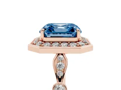 Fancy Blue Asscher Cut Diamond Halo Engagement Ring Set in Rose gold with Twisted Band and Prong Setting