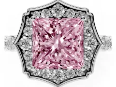 Fancy Pink Princess Cut Diamond Halo Engagement Ring Set in White gold with Milgrain Band and Prong Setting