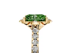 Fancy Green Radiant Cut Diamond Solitaire Ring Set in Yellow gold with Pavé Band and Floral Prong Setting