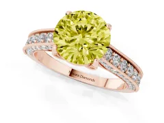 Fancy Yellow Round Cut Diamond Solitaire Ring Set in Rose gold with Milgrain-Edged Pavé Band and Prong Setting
