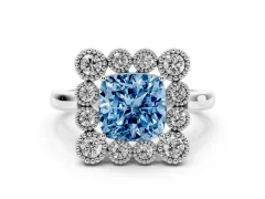 Fancy Blue Cushion Cut Diamond Cluster Halo Ring Set in Silver with Milgrain Bezel Accents and Plain Band