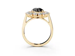 Fancy Black Round Cut Diamond Floral Double Halo Ring Set in Yellow gold with Round Petals