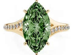 Fancy Green Marquise Cut Diamond Solitaire Ring Set in Yellow gold with Pavé Accent Band and Classic Prong Setting