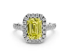 Fancy Yellow Emerald Cut Diamond Halo Engagement Ring Set in Silver with Pavé Band and Prong-Set Center