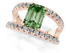 Fancy Green Emerald Cut Diamond Split Shank Pavé Solitaire Ring Set in Rose gold with Open Shank Design