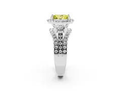 Fancy Yellow Oval Cut Diamond Halo Split Shank Ring Set in White gold with Round Accent Stones and Prong Setting